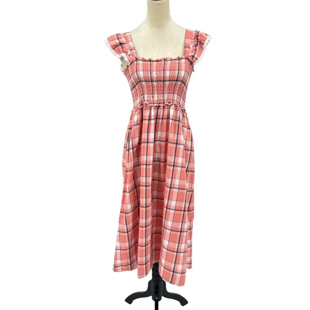 THML Coral Pink & Blue Plaid Smocked Sleeveless 100% Cotton Summer Midi Dress
